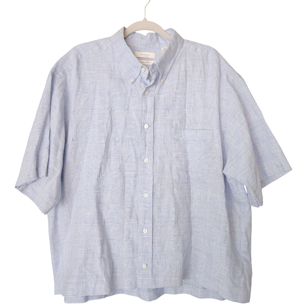 Turnbury European 100%‎ Linen Short Sleeve Cropped Shirt Men's XXL Plaid Blue